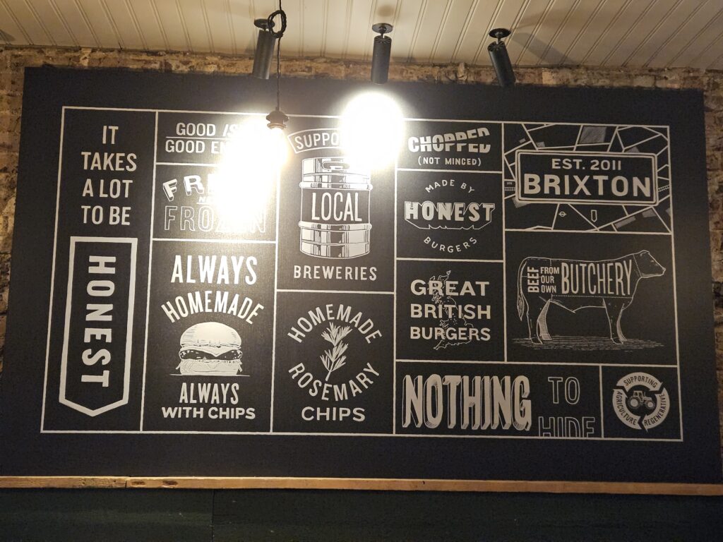 Cartel del interior del restaurante Honest Burger.