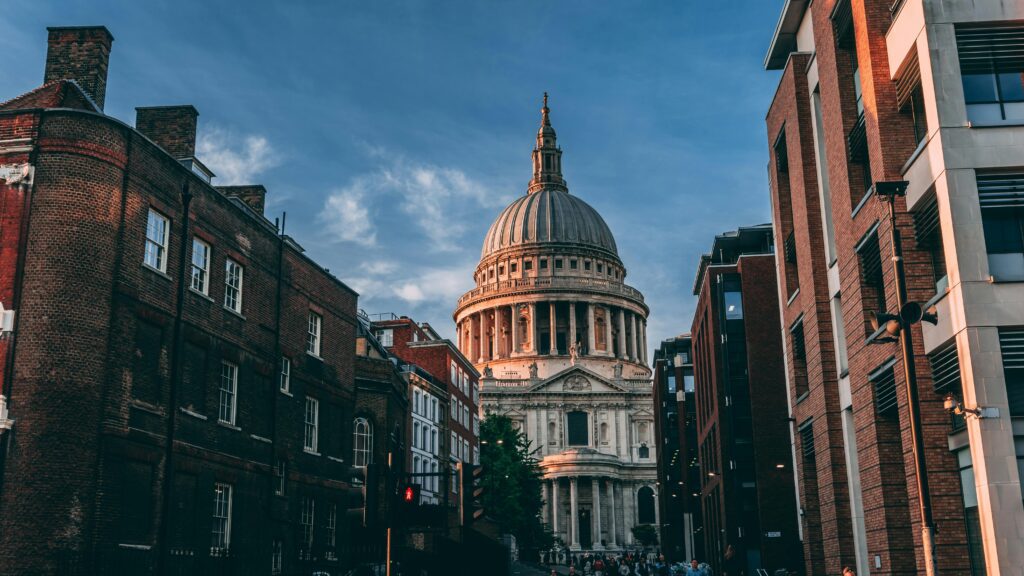 View of St Paul's Cathedral, an iconic historic landmark in London's urban setting.