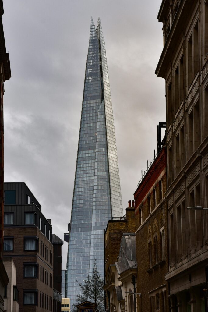 Iconic view of The Shard in London with surrounding architecture under cloudy skies.